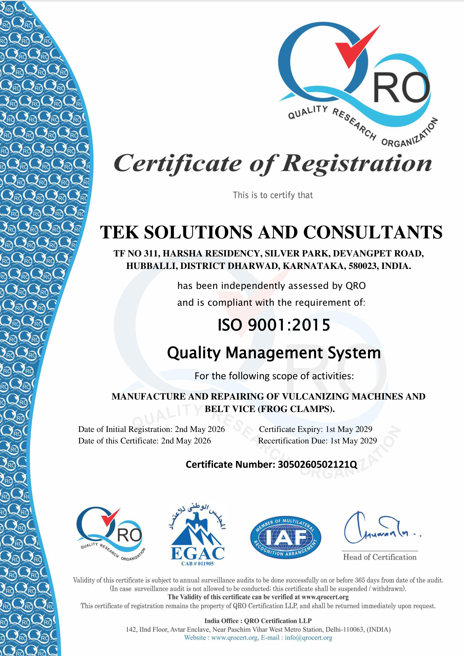 ISO 9001:2015 Certificate of Registration — Tek Solutions and Consultants